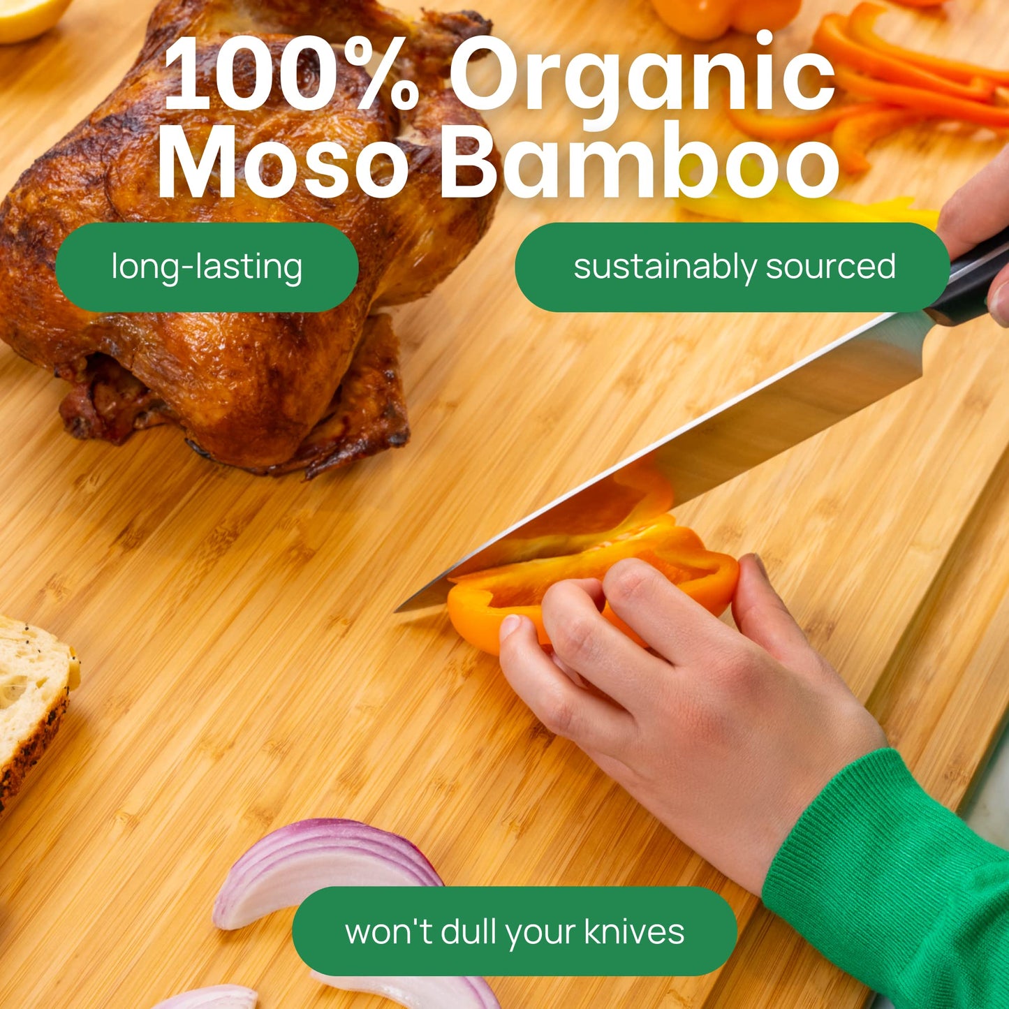 Person cutting vegetables on a bamboo cutting board with text about organic bamboo.