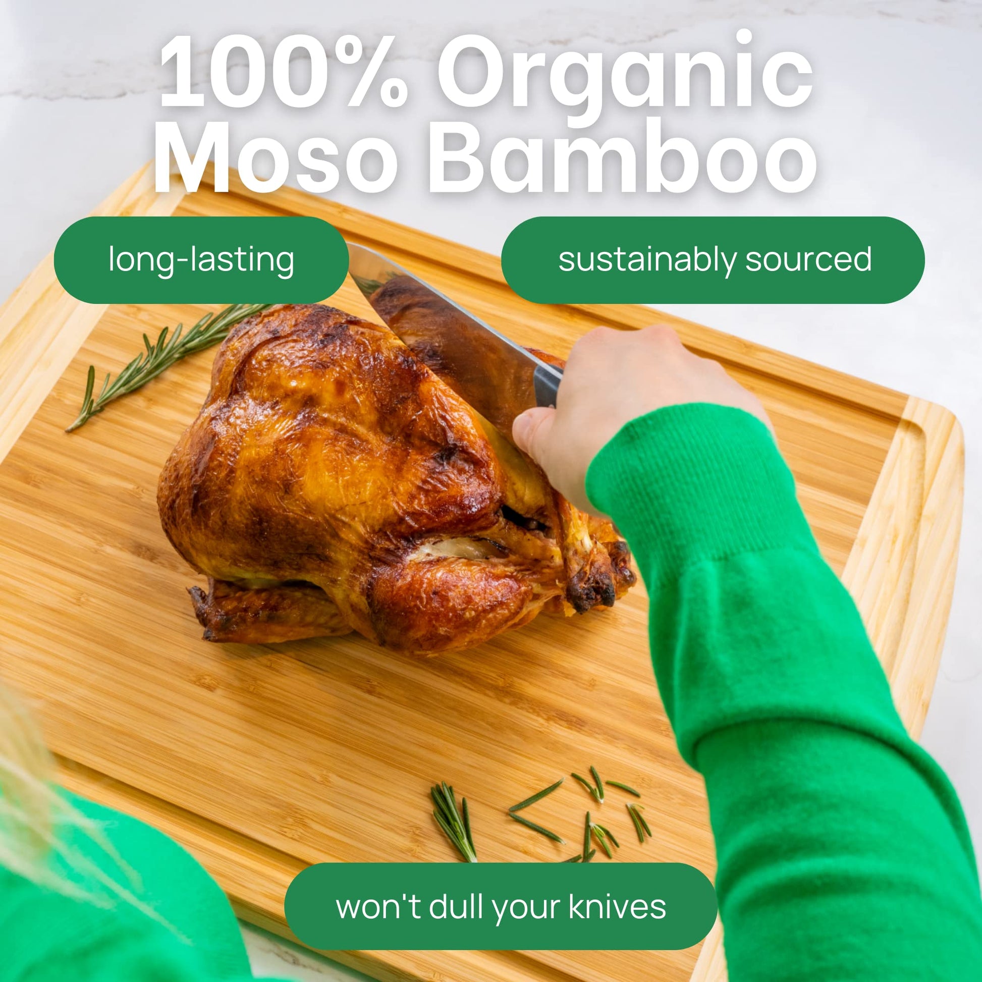 Person cutting a roasted chicken on a wooden cutting board with text about organic Moso Bamboo.