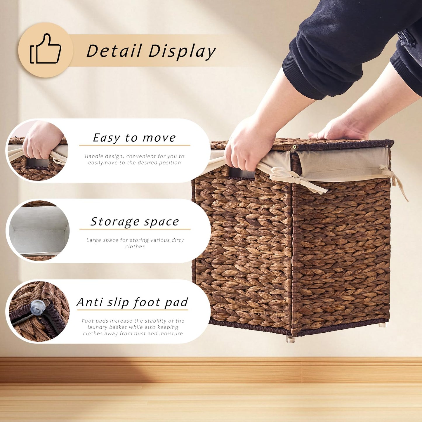LGENHOOM Handwoven Natural Water Hyacinth Hamper with Lid