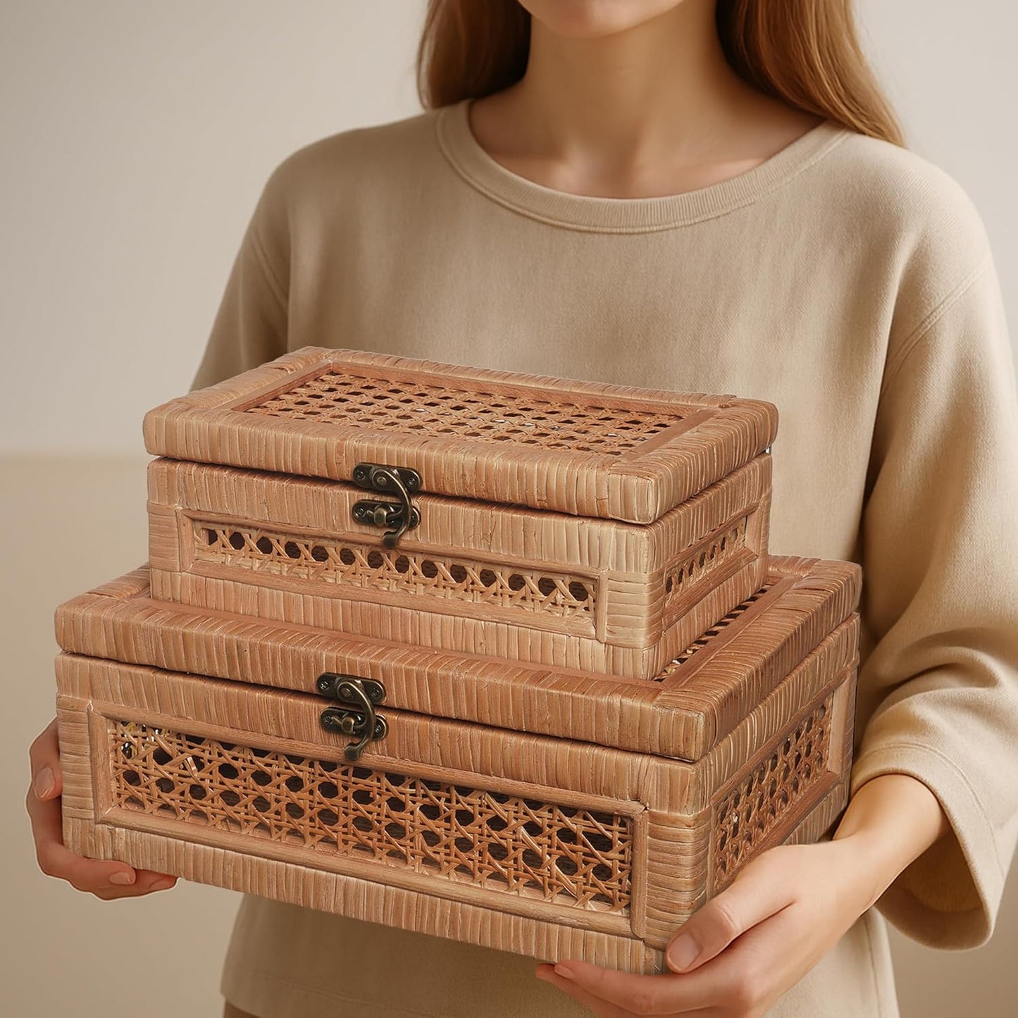 CASALLURA Handcrafted Rattan Storage Box Set with Hinged Lids