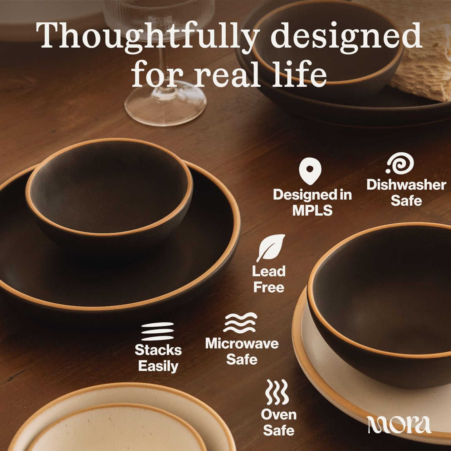 Mora Medium Ceramic Bowls, Set of 4 (28 oz, Oat)