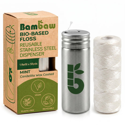 Vegan Plant-Based Dental Floss Tape, Refillable Steel Dispenser – Bambaw