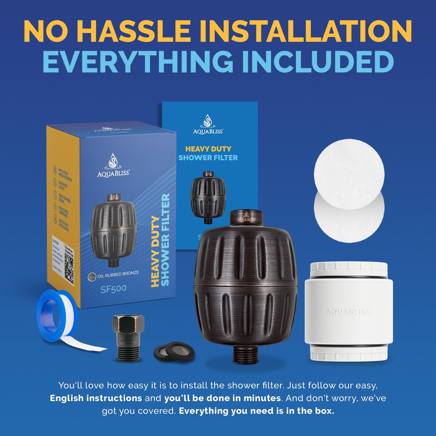 Aquarius heavy-duty shower filter set with packaging on a blue background
