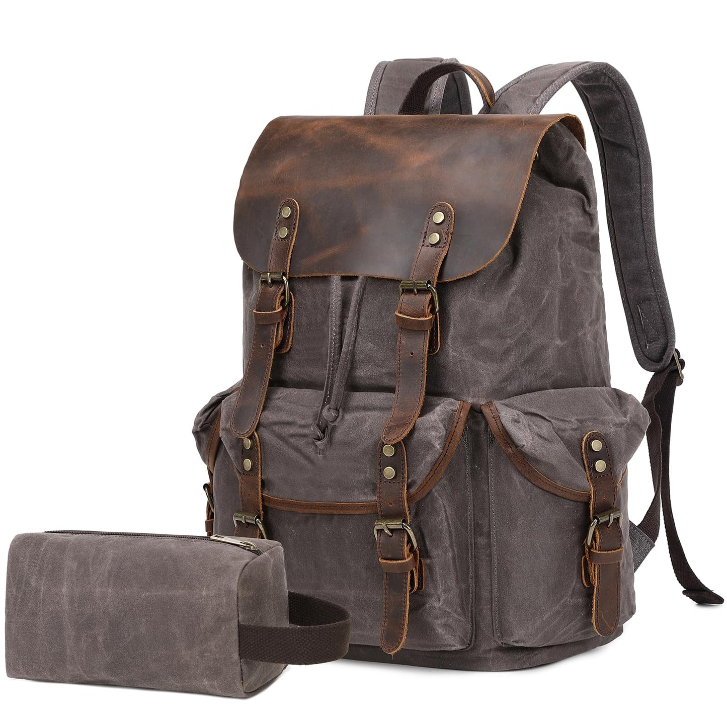 Wogarl Vintage Waxed Canvas & Genuine Crazy Horse Leather Backpack