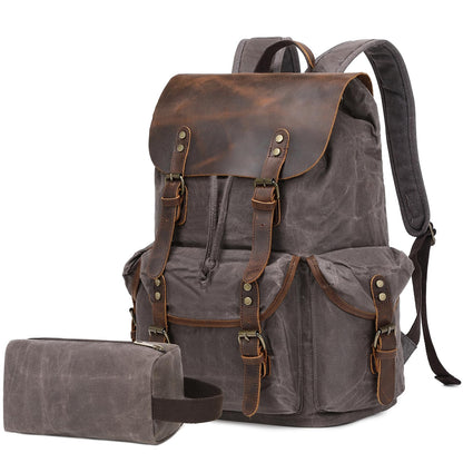 Wogarl Vintage Waxed Canvas & Genuine Crazy Horse Leather Backpack
