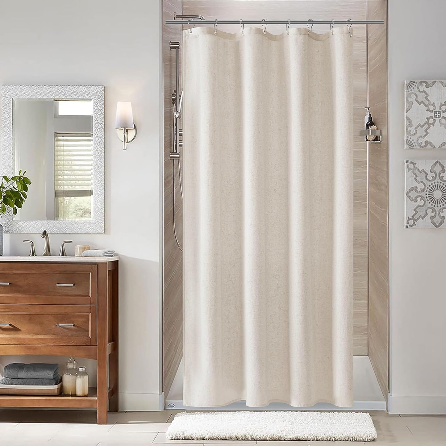 Naturoom Weighted Natural Flax Linen Shower Curtain Set