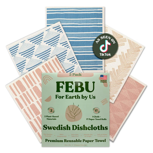 FEBU Swedish Dishcloths – 5 Pack Biodegradable Cotton‑Cellulose Cleaning Cloths