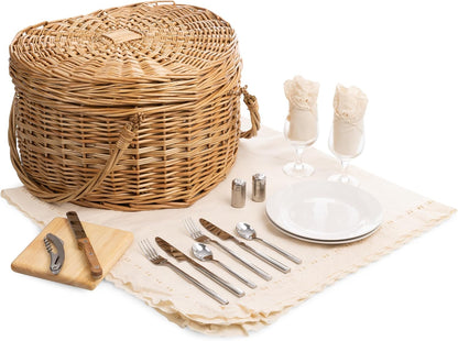 Picnic Time Heart Picnic Basket for 2 - Handwoven Antique Willow