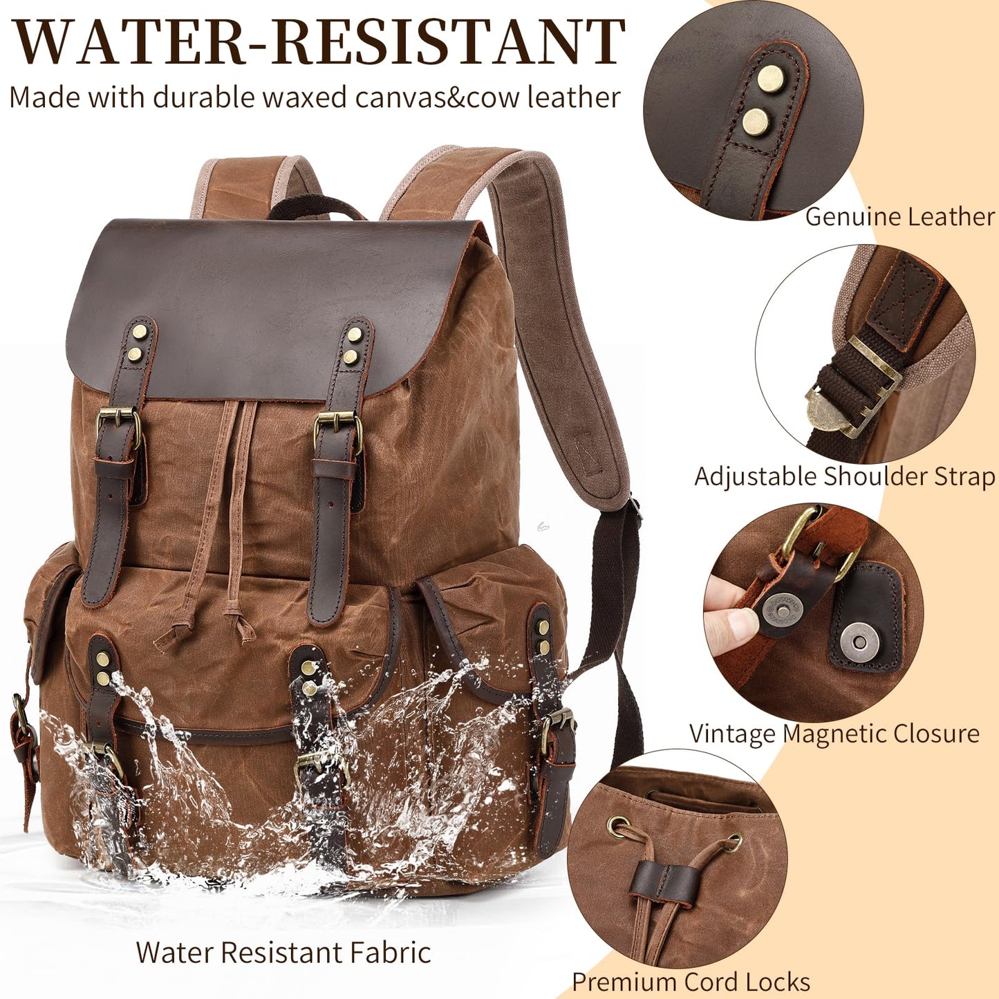 Wogarl Vintage Waxed Canvas & Genuine Crazy Horse Leather Backpack