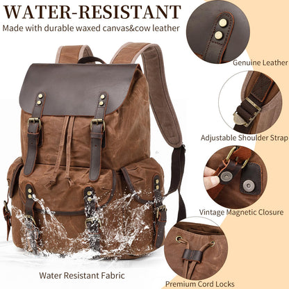 Wogarl Vintage Waxed Canvas & Genuine Crazy Horse Leather Backpack