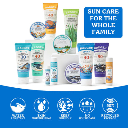 Badger Sport Mineral Sunscreen, Reef Safe, SPF 40, 98% Organic with Zinc Oxide, Water Resistant, Hawaii Reef Act 104 Compliant, Unscented & Hypoallergenic, For Sports & Adventures, 2.9 fl oz