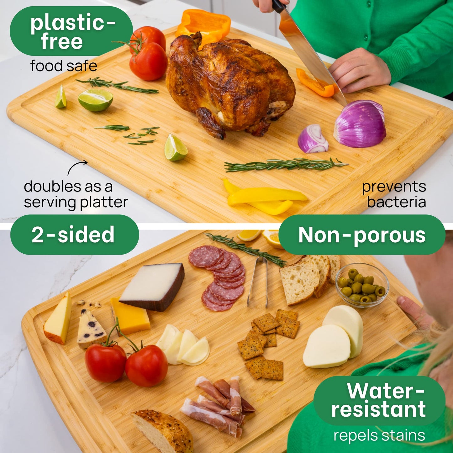 Wooden cutting board with food items and text highlighting features like 'plastic-free', 'food safe', '2-sided', 'non-porous', 'water-resistant'.