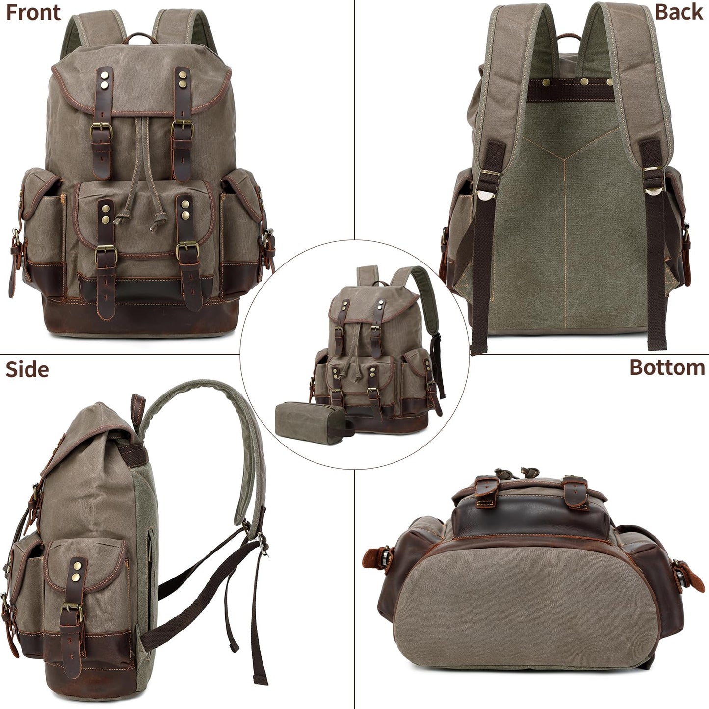 Wogarl Vintage Waxed Canvas & Genuine Crazy Horse Leather Backpack