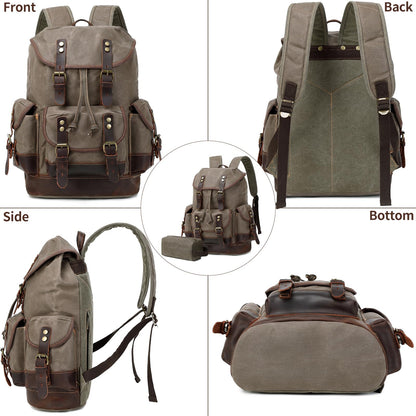 Wogarl Vintage Waxed Canvas & Genuine Crazy Horse Leather Backpack