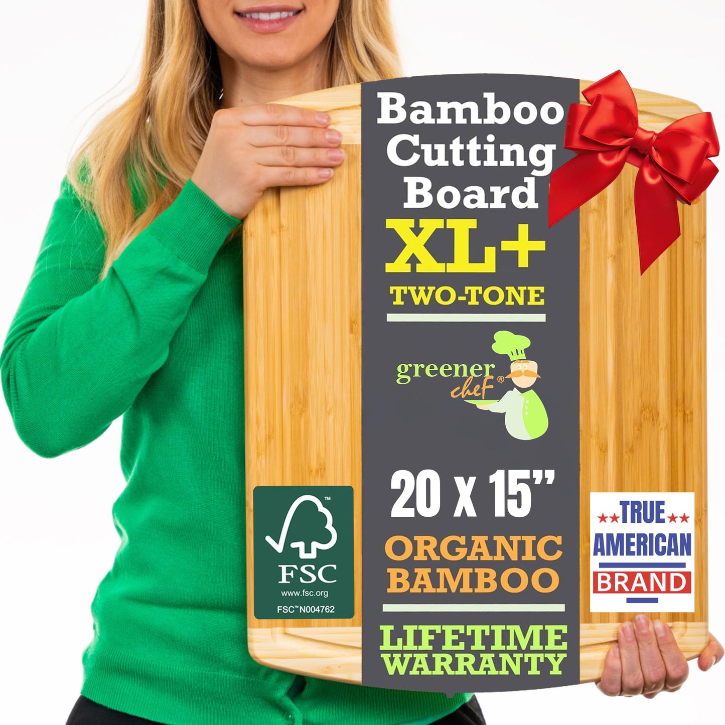 Person holding a bamboo cutting board with promotional text and logos.