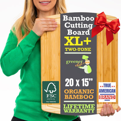 Person holding a bamboo cutting board with promotional text and logos.