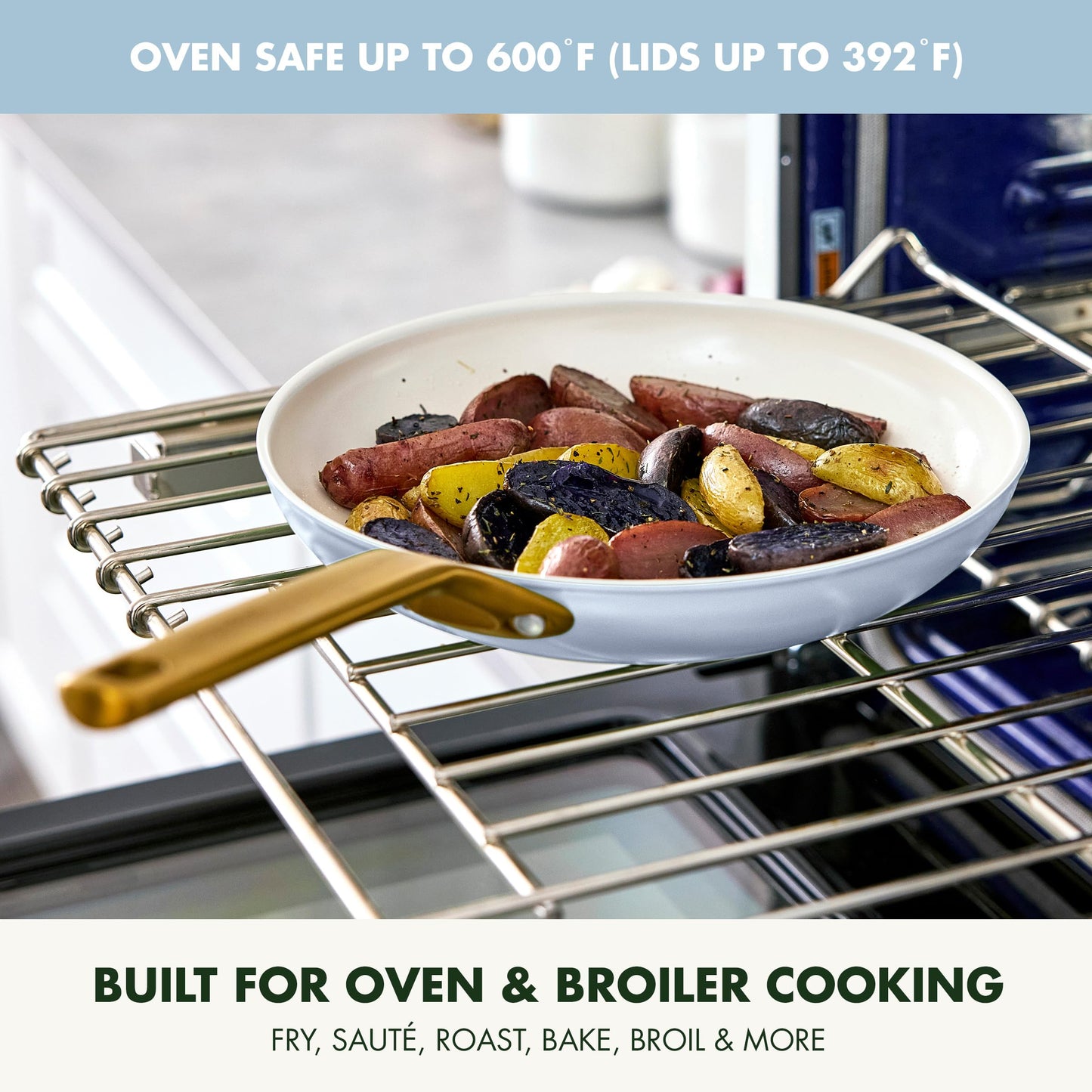 Frying pan with food on an oven rack, text indicating oven safety and cooking methods.