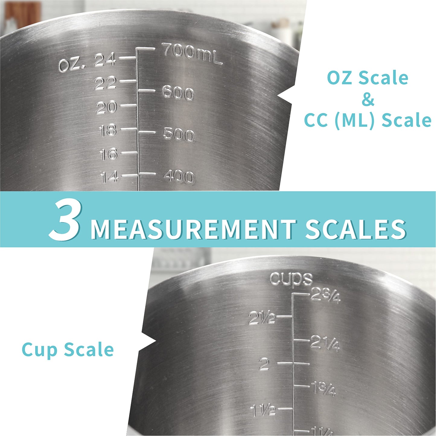 Newness Stainless Steel Measuring Cup with Triple Measurement Scales