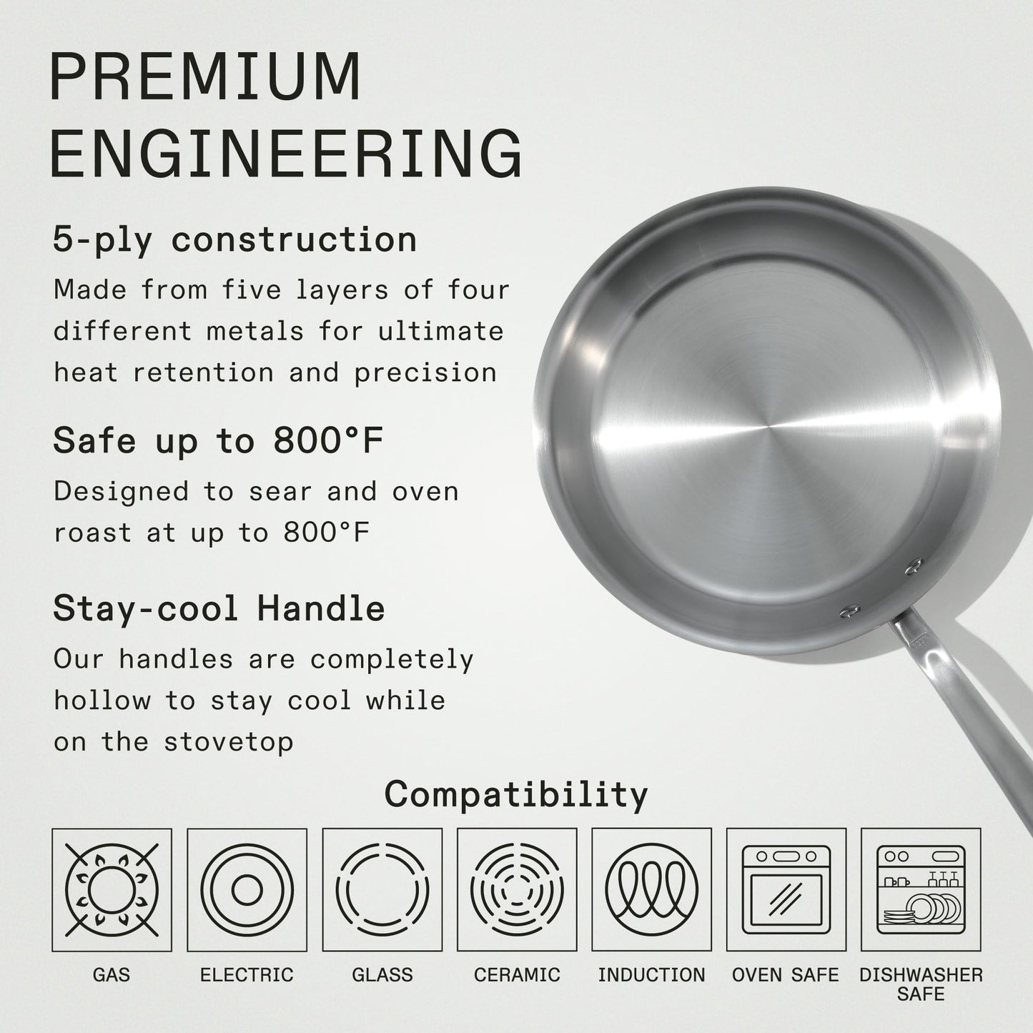 Made In 12-Inch Stainless Clad Frying Pan: Professional 5-Ply Construction, for a Lifetime of Plastic-Free Searing