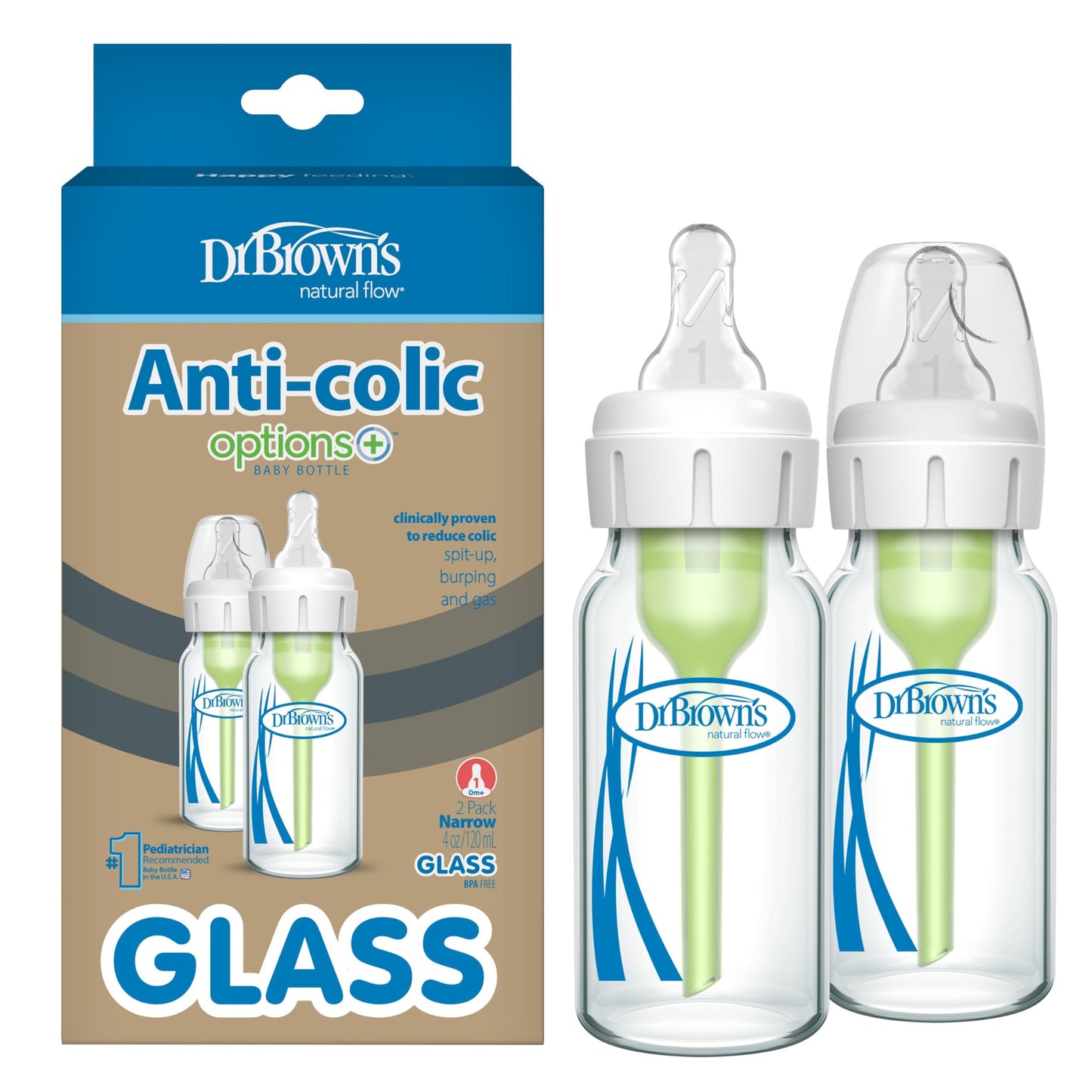 Dr. Brown’s Options+ 4 oz Narrow Borosilicate Glass Baby Bottles (2-Pack)