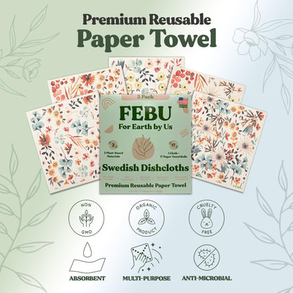 FEBU Swedish Dishcloths – 5 Pack Biodegradable Cotton‑Cellulose Cleaning Cloths