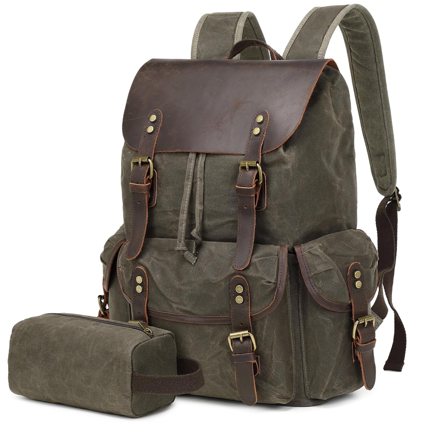 Wogarl Vintage Waxed Canvas & Genuine Crazy Horse Leather Backpack