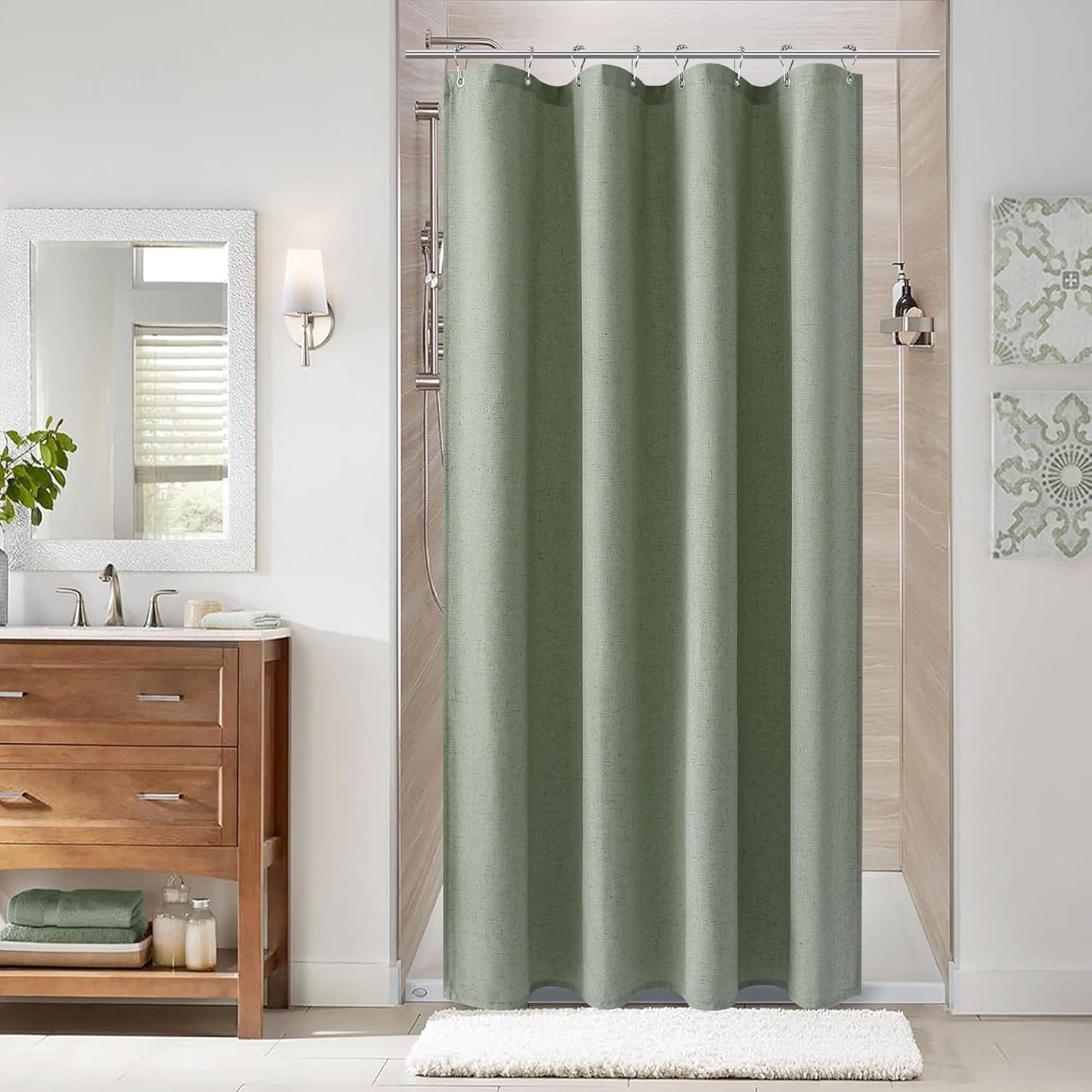 Naturoom Weighted Natural Flax Linen Shower Curtain Set