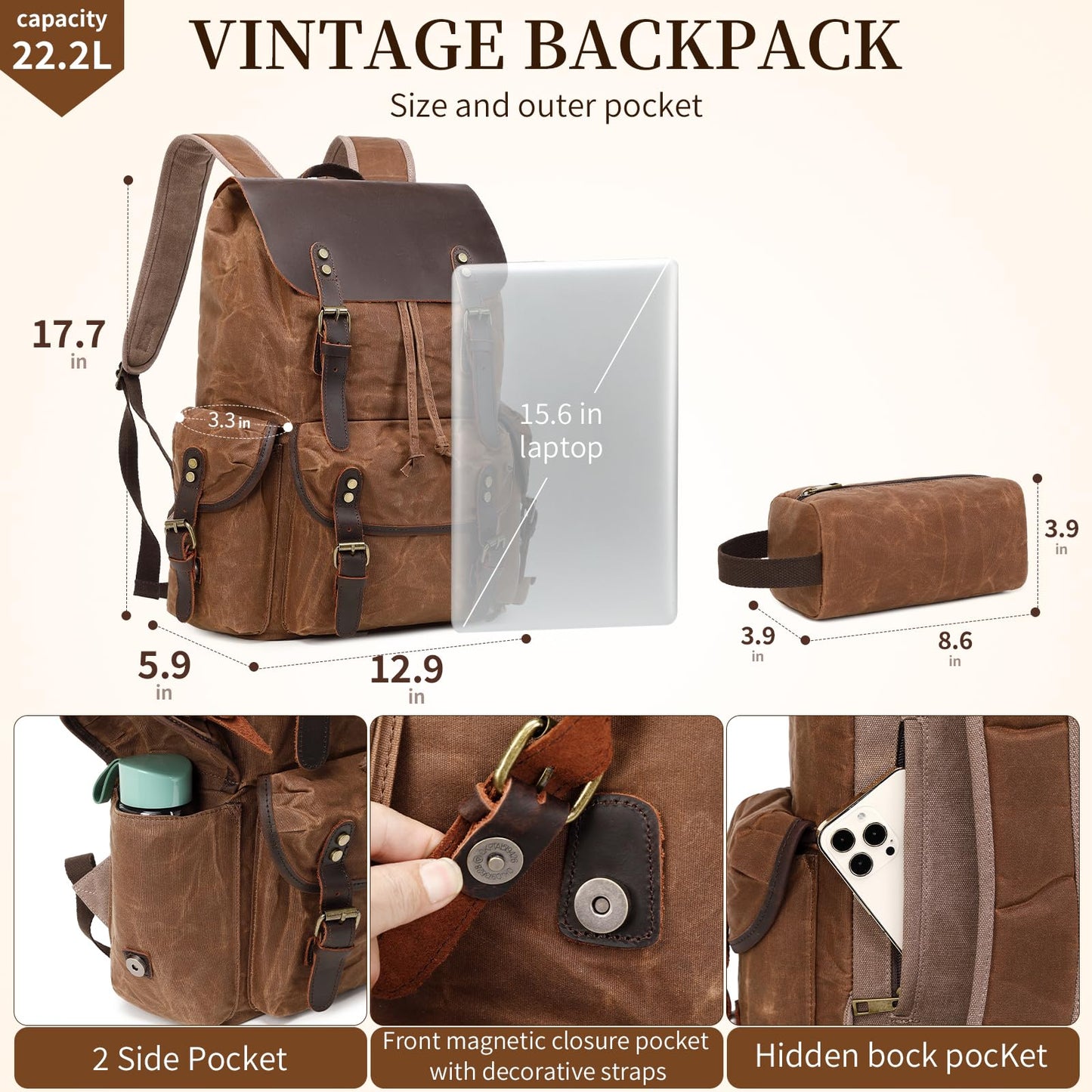 Wogarl Vintage Waxed Canvas & Genuine Crazy Horse Leather Backpack