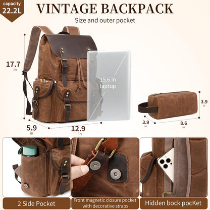 Wogarl Vintage Waxed Canvas & Genuine Crazy Horse Leather Backpack