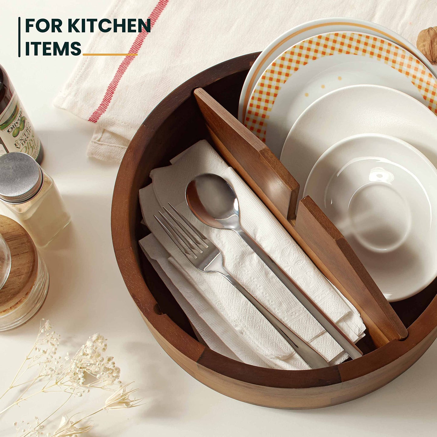 12" Acacia Wood Lazy Susan Organizer with 4 Dividers