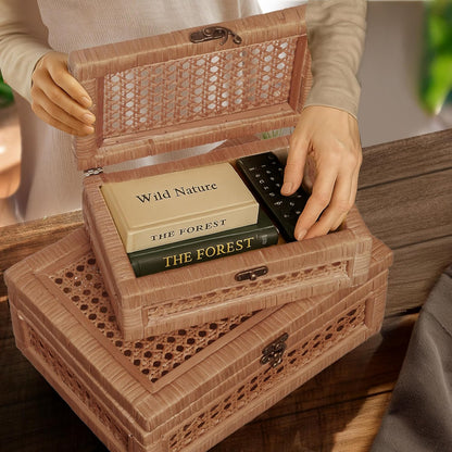 CASALLURA Handcrafted Rattan Storage Box Set with Hinged Lids
