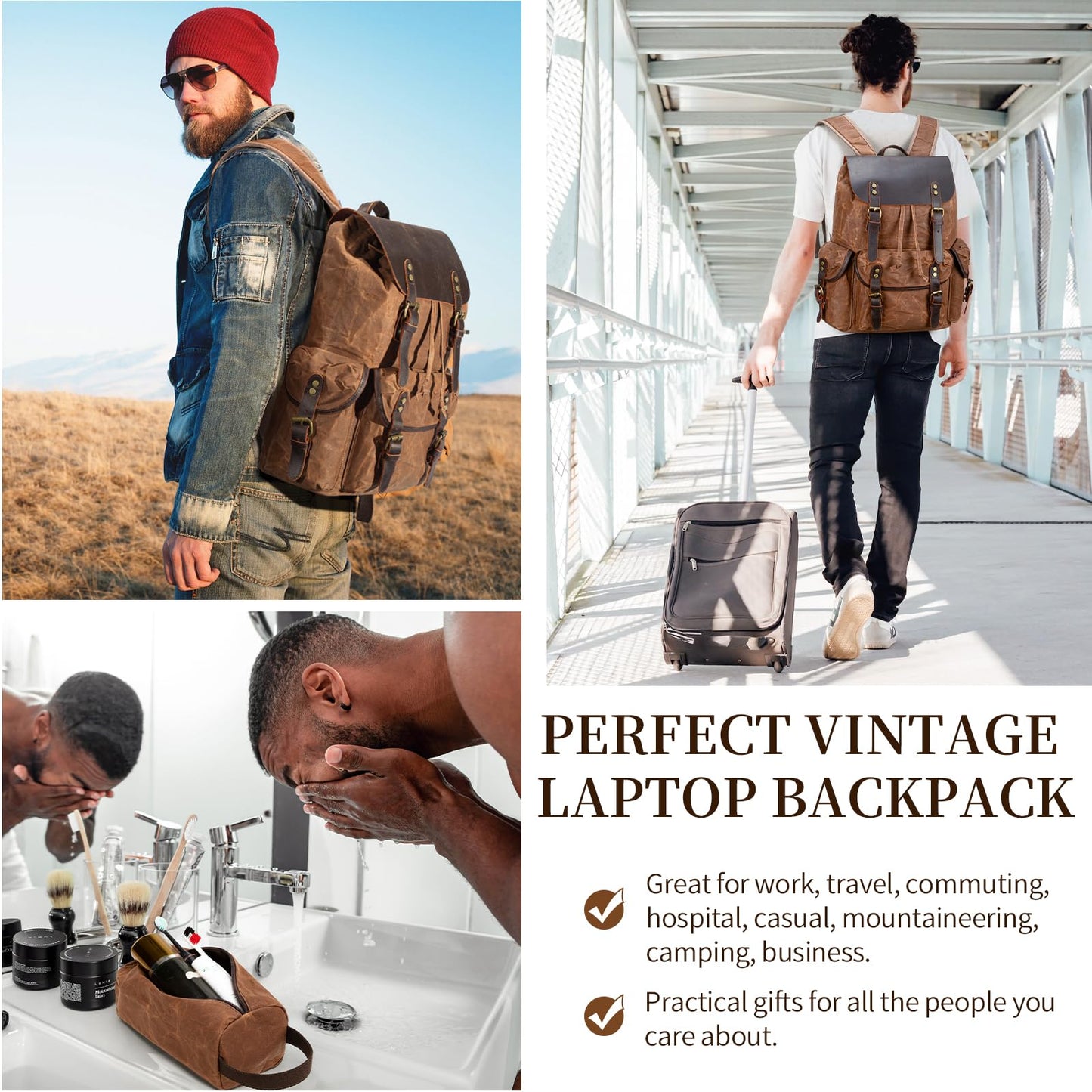 Wogarl Vintage Waxed Canvas & Genuine Crazy Horse Leather Backpack