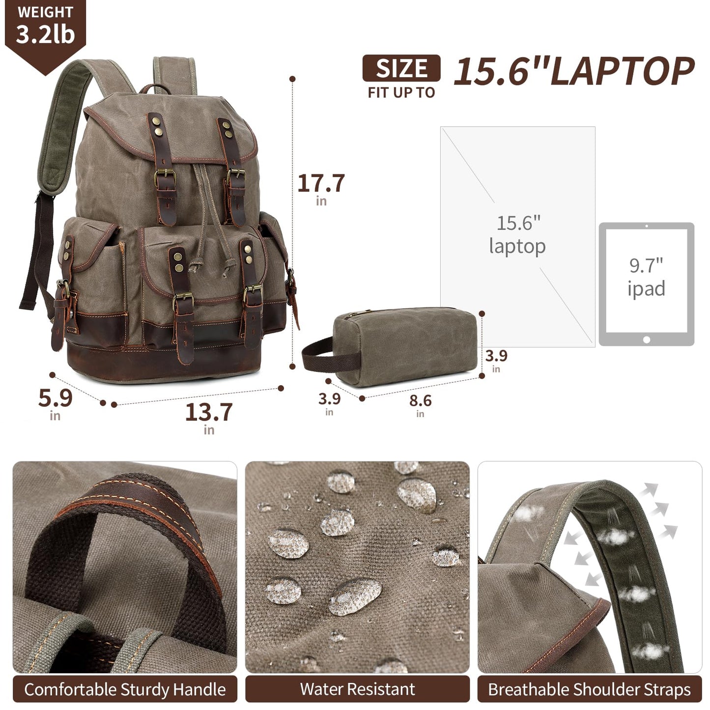 Wogarl Vintage Waxed Canvas & Genuine Crazy Horse Leather Backpack