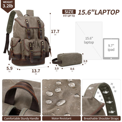 Wogarl Vintage Waxed Canvas & Genuine Crazy Horse Leather Backpack