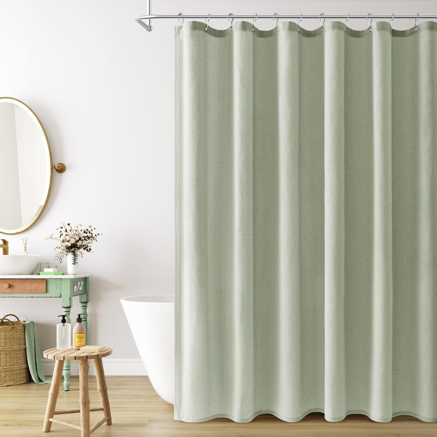 Naturoom Weighted Natural Flax Linen Shower Curtain Set