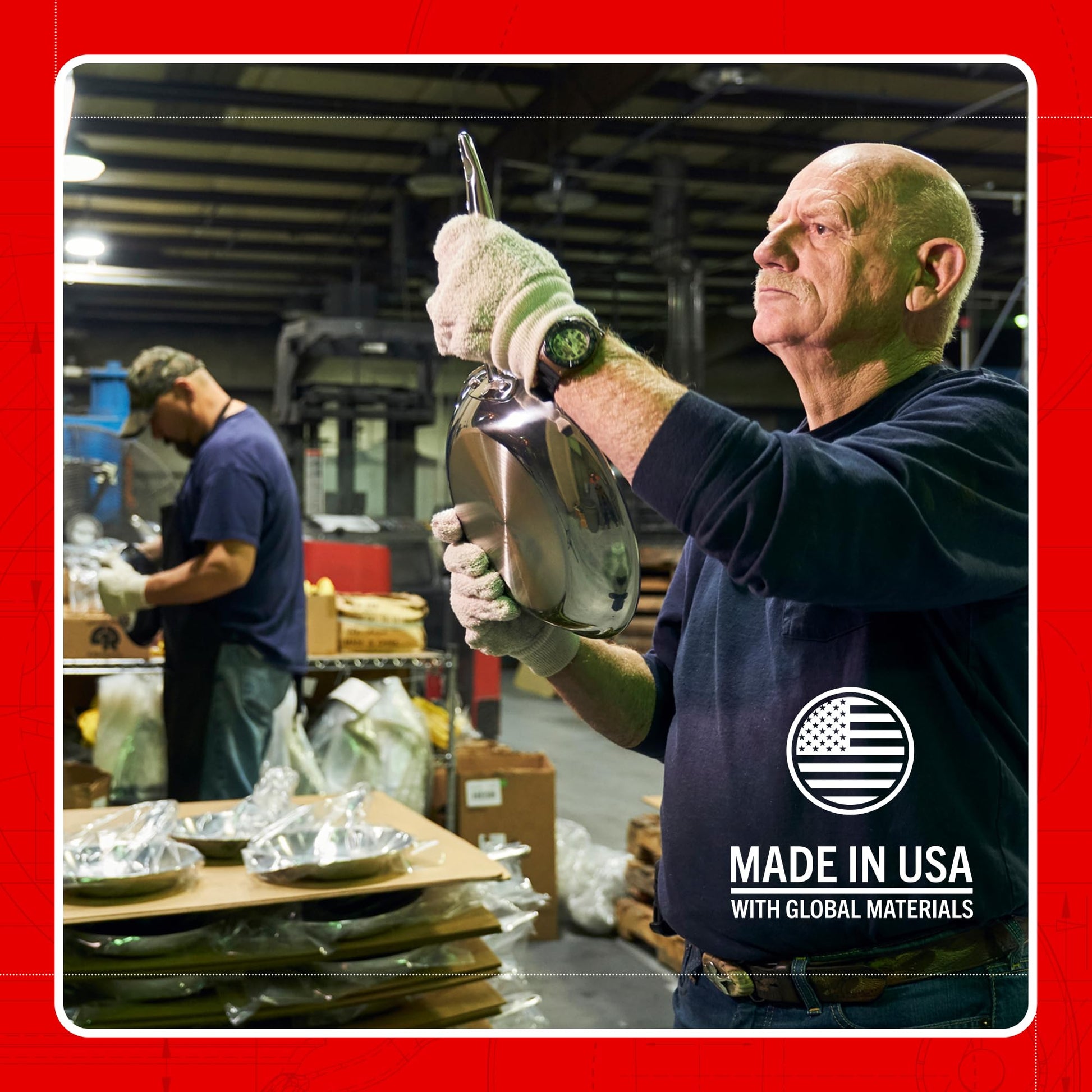 Man working in a warehouse with 'Made in USA with Global Materials' text on his shirt.