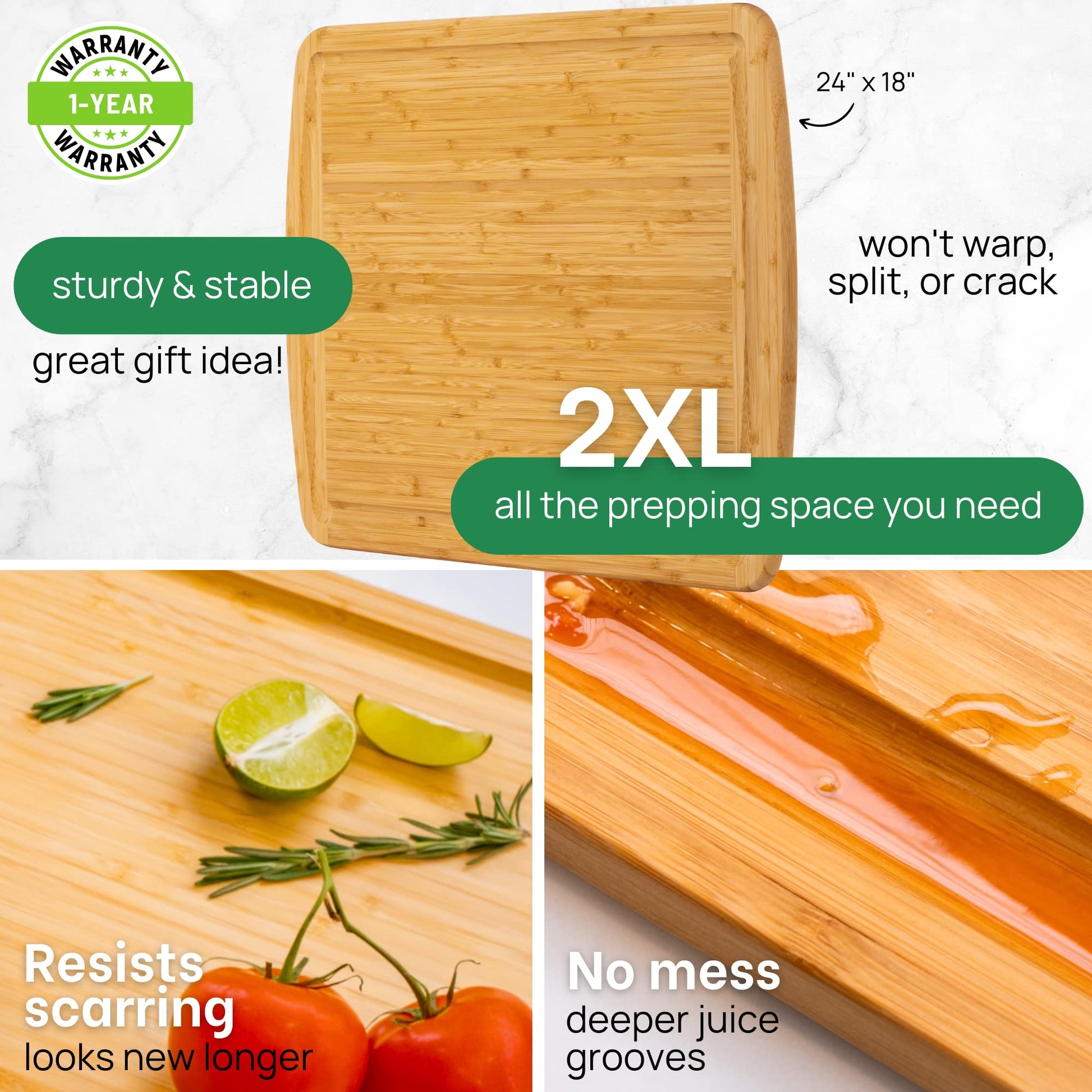 Bamboo cutting board with features highlighted on a white background