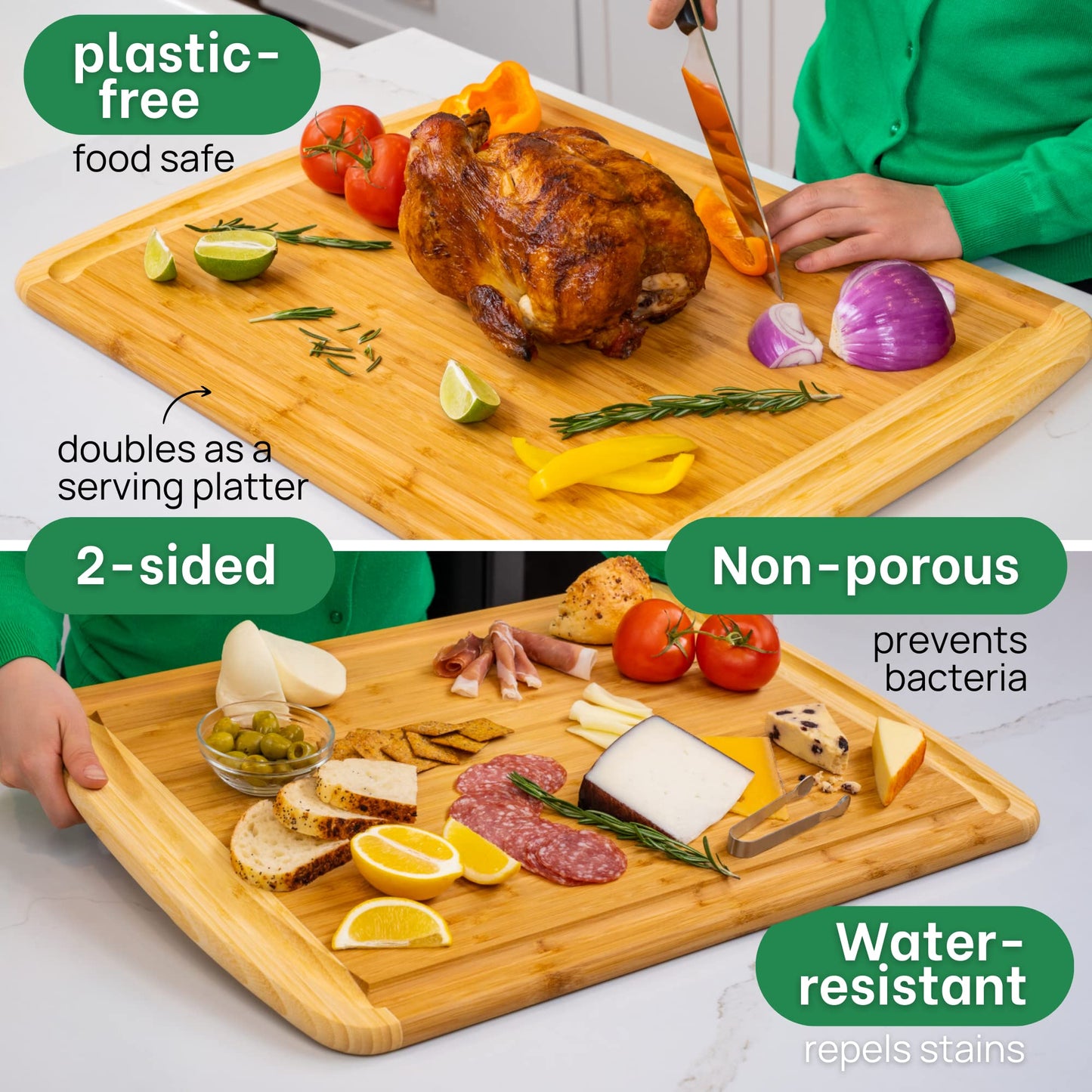 Microplastic-Free & Non-Toxic Greener Chef XL Organic Bamboo Cutting Board