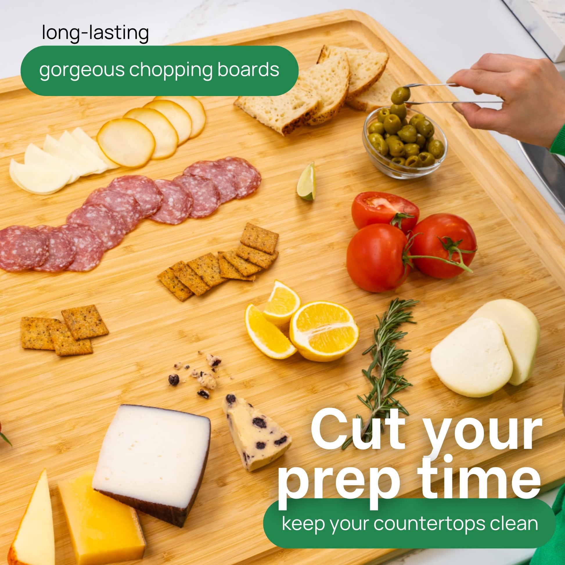 Wooden chopping board with various food items and text promoting long-lasting chopping boards.