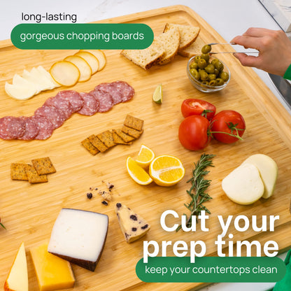 Wooden chopping board with various food items and text promoting long-lasting chopping boards.