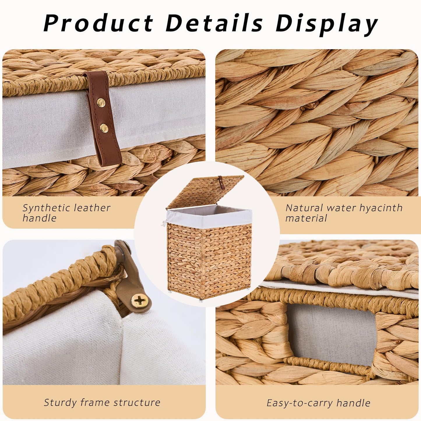 LGENHOOM Handwoven Natural Water Hyacinth Hamper with Lid