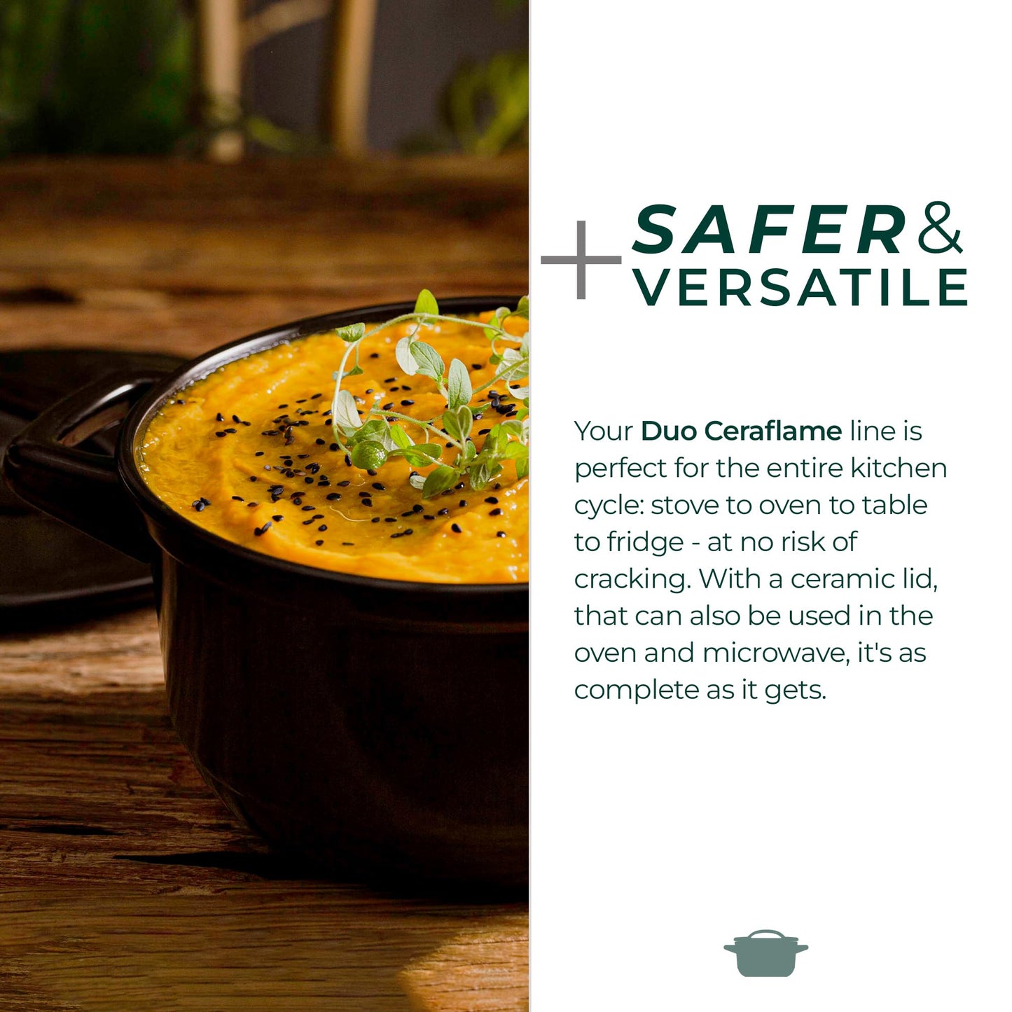 Duo Ceraflame cookware with a dish of food on a wooden surface, accompanied by promotional text about its safety and versatility.