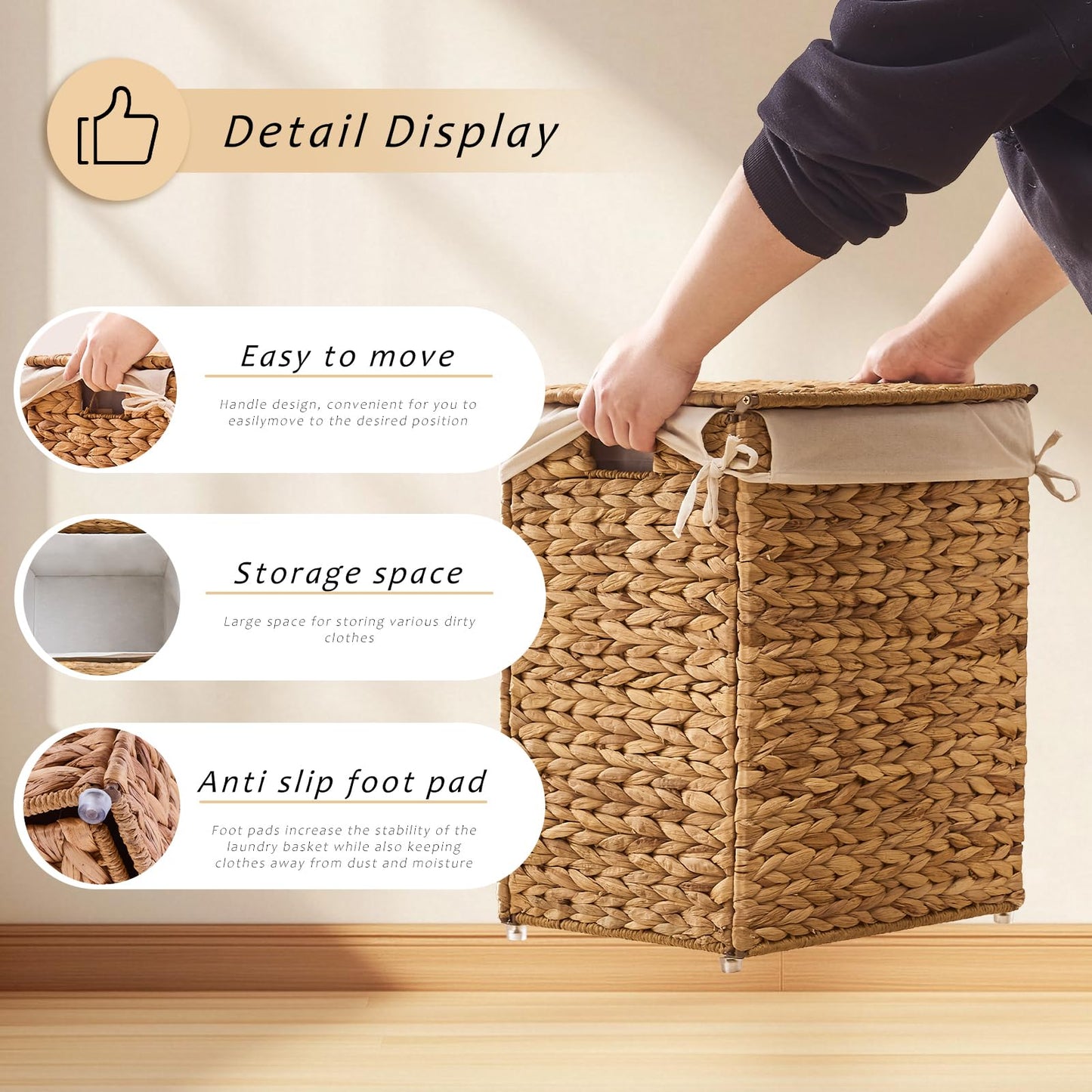 LGENHOOM Handwoven Natural Water Hyacinth Hamper with Lid