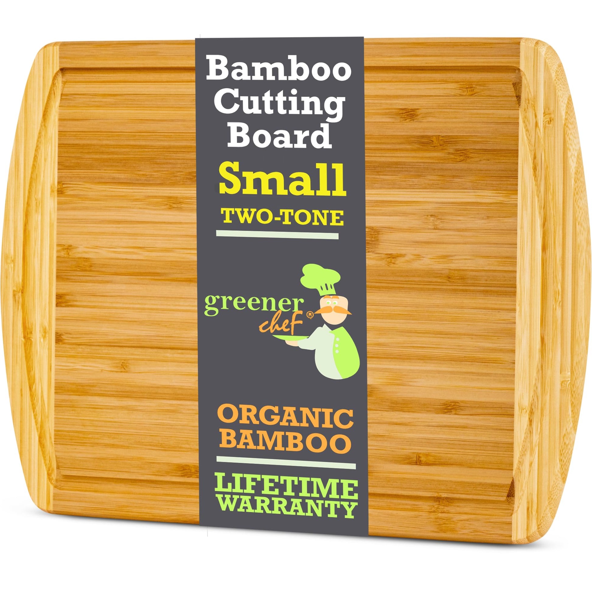Bamboo cutting board with a label indicating 'Small Two-Tone' and 'Organic Bamboo' on a white background.