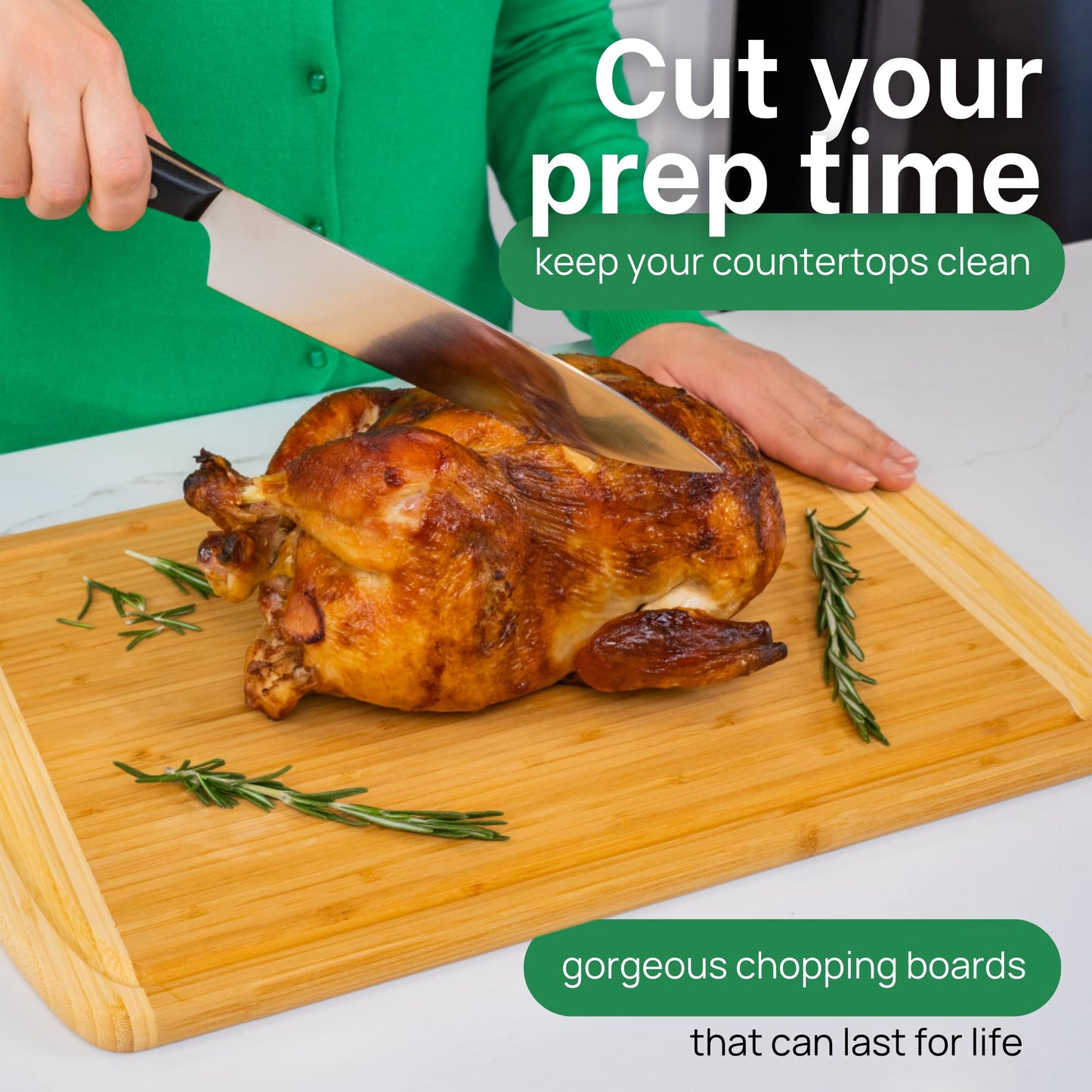 Person cutting a roasted chicken on a wooden chopping board with text promoting chopping boards.