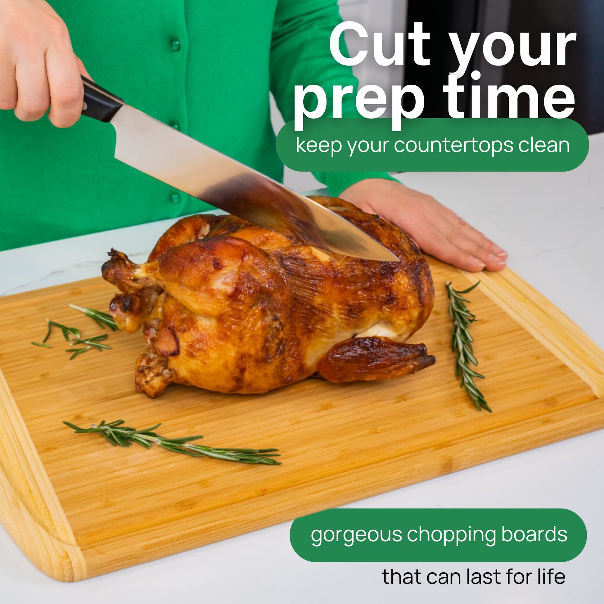 Person cutting a roasted chicken on a wooden chopping board with text promoting chopping boards.