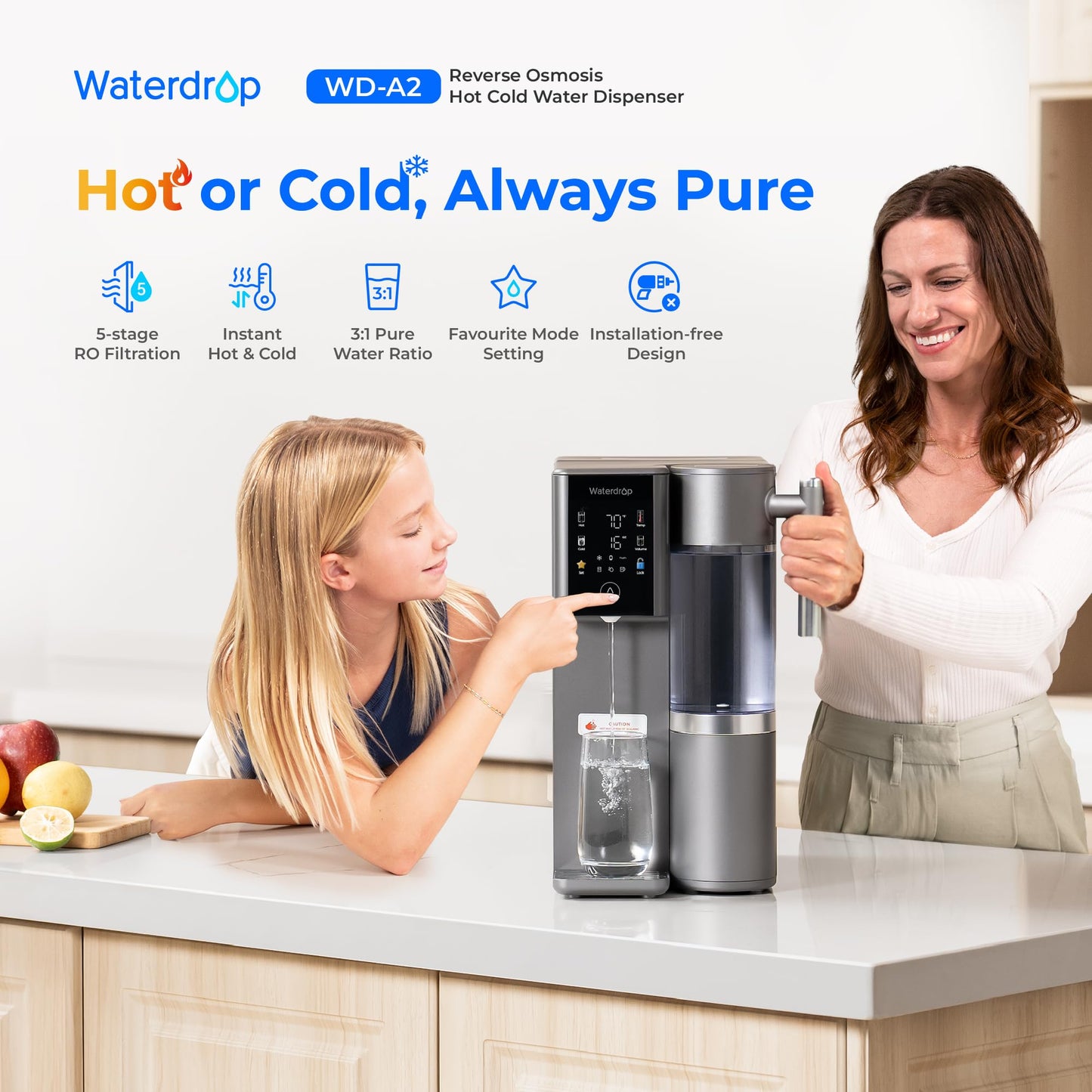 Waterdrop WD-A2 Countertop Reverse Osmosis System: Instant Hot and Cold, No Plumbing