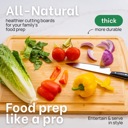 Wooden cutting board with vegetables and a knife, promoting thick, durable cutting boards.
