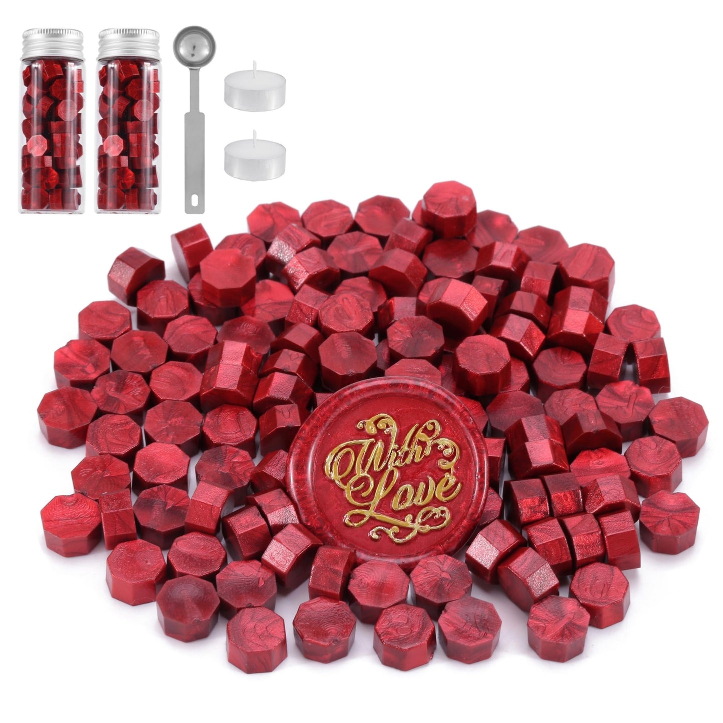 Sealing Wax Beads Kit: 150 Pcs with Permanent Metal Spoon & Reusable Glass Storage Bottles for Zero-Waste Wedding Invitations and Gift Wrap