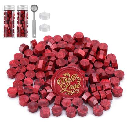 Sealing Wax Beads Kit: 150 Pcs with Permanent Metal Spoon & Reusable Glass Storage Bottles for Zero-Waste Wedding Invitations and Gift Wrap
